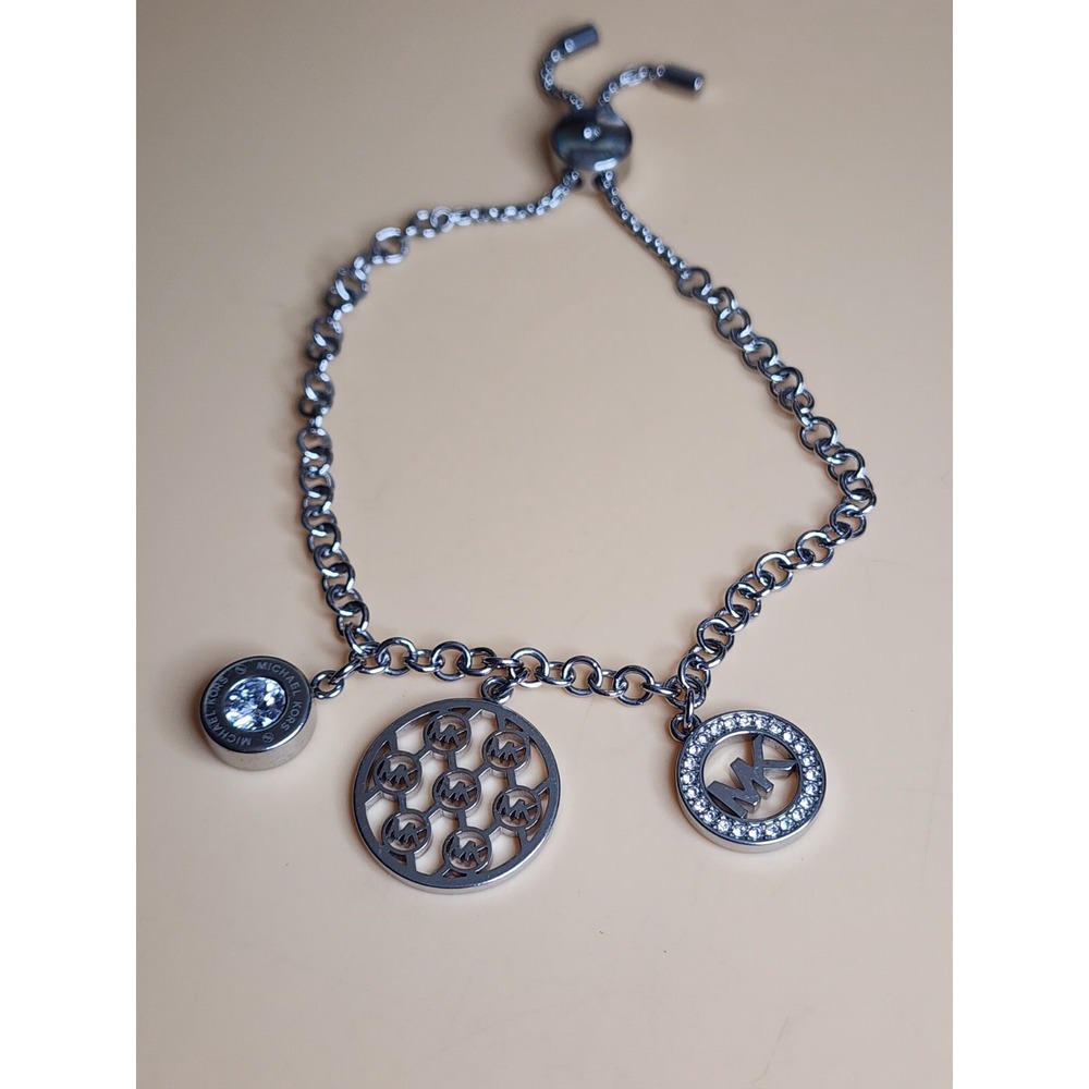 MICHAEL KORS MK Logo 3‎ Piece Charms Silver Chain Slider Bracelet FREE $HIPPING!